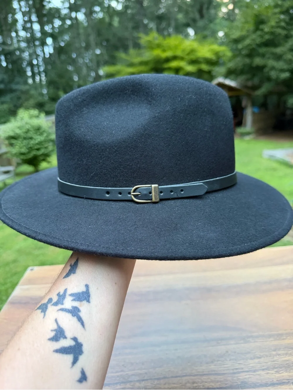 Gelso Bianco Black Wool Felt Fedora Hat Made in Italy Classic Wide Brim Buckle